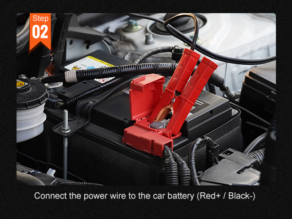 step 2: connect the power wire to the car battery for the VEVOR onboard air compressor kit (red+ / black-).