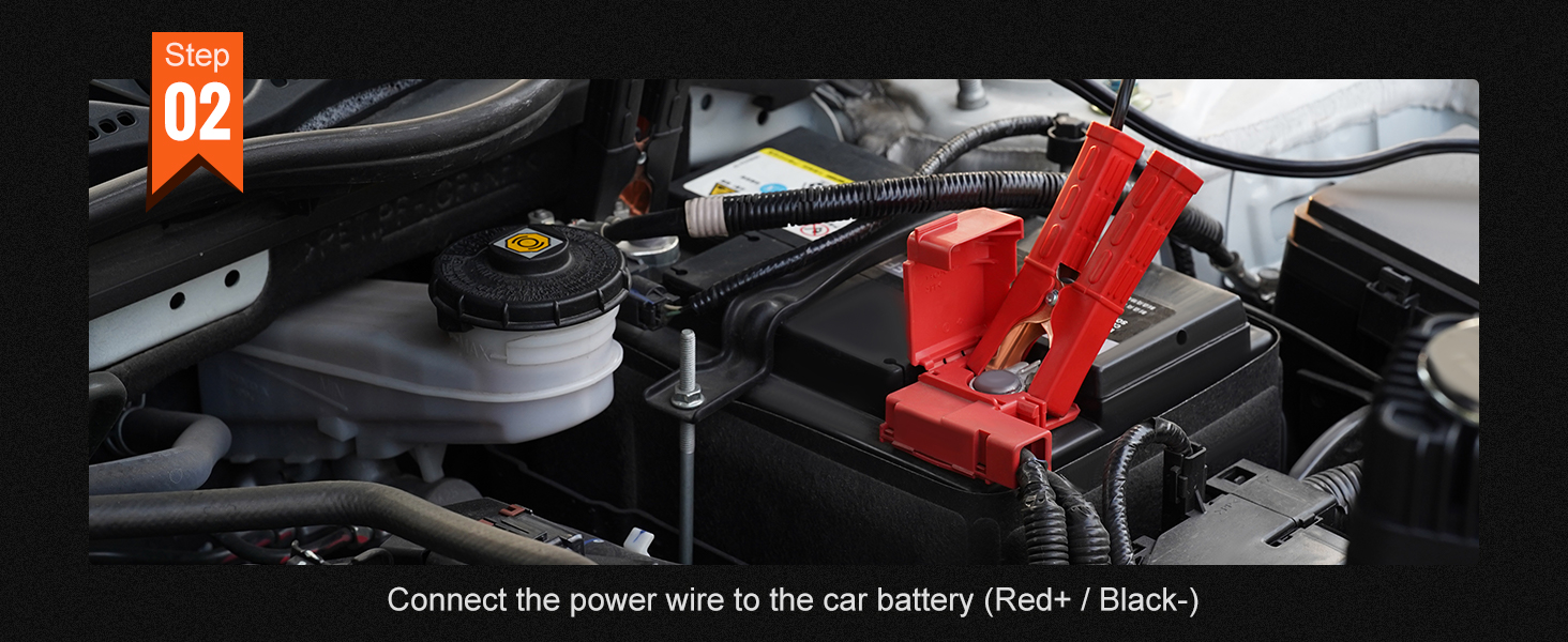 step 2: connect the power wire to the car battery for the VEVOR onboard air compressor kit (red+ / black-).