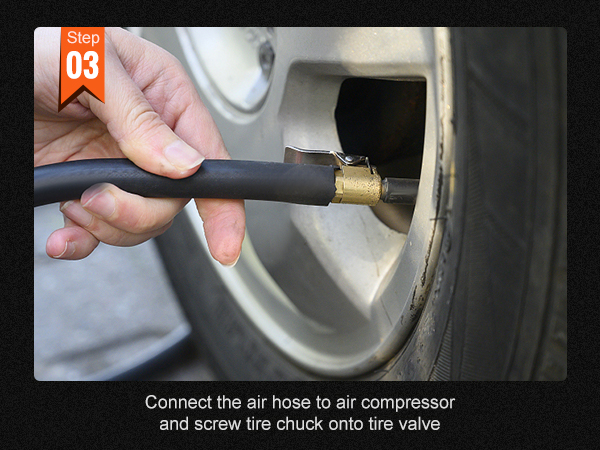 connecting the air hose of the VEVOR onboard air compressor kit to a tire valve. step 03.