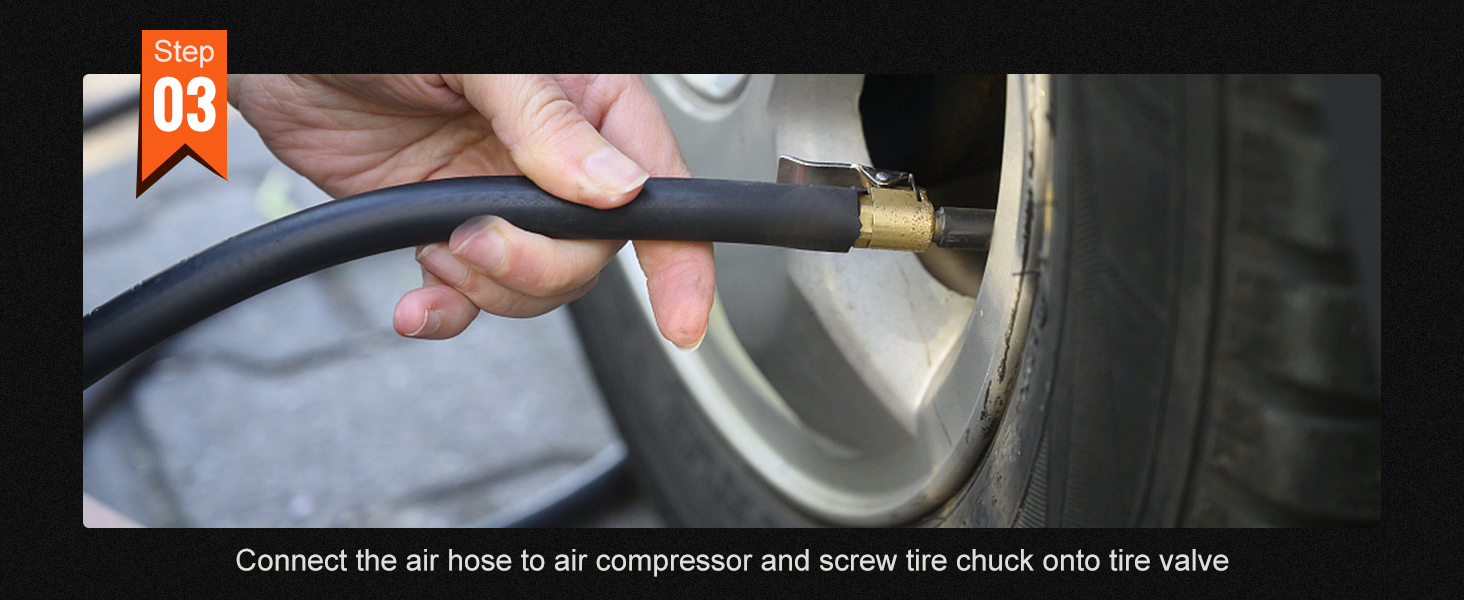 connecting the air hose of the VEVOR onboard air compressor kit to a tire valve. step 03.