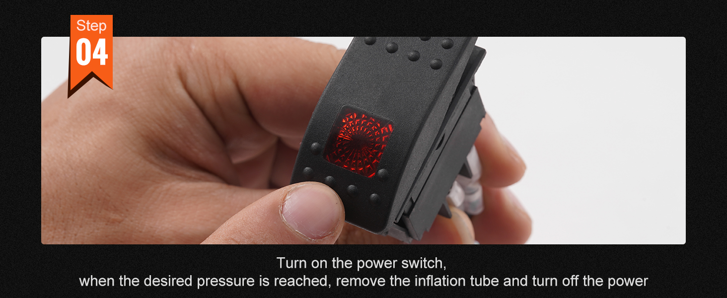 step 4 of VEVOR onboard air compressor kit; turning on power switch with close-up hand detail.