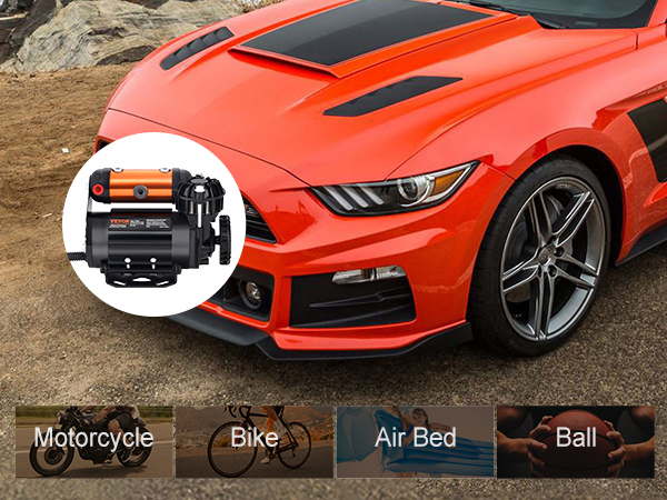 VEVOR onboard air compressor kit with orange sports car, motorcycle, bike, air bed, and basketball.