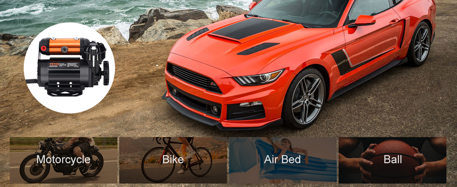 VEVOR onboard air compressor kit with orange sports car, motorcycle, bike, air bed, and basketball.