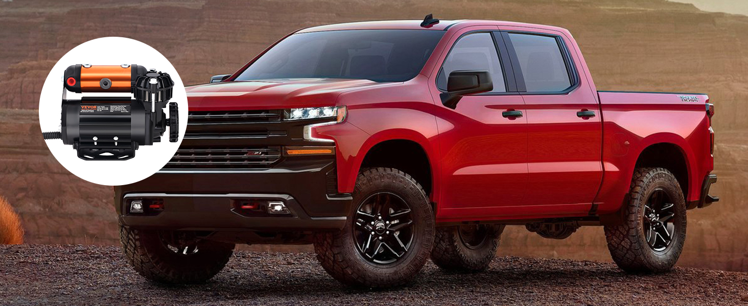 red pickup truck in rugged terrain with VEVOR onboard air compressor kit inset.
