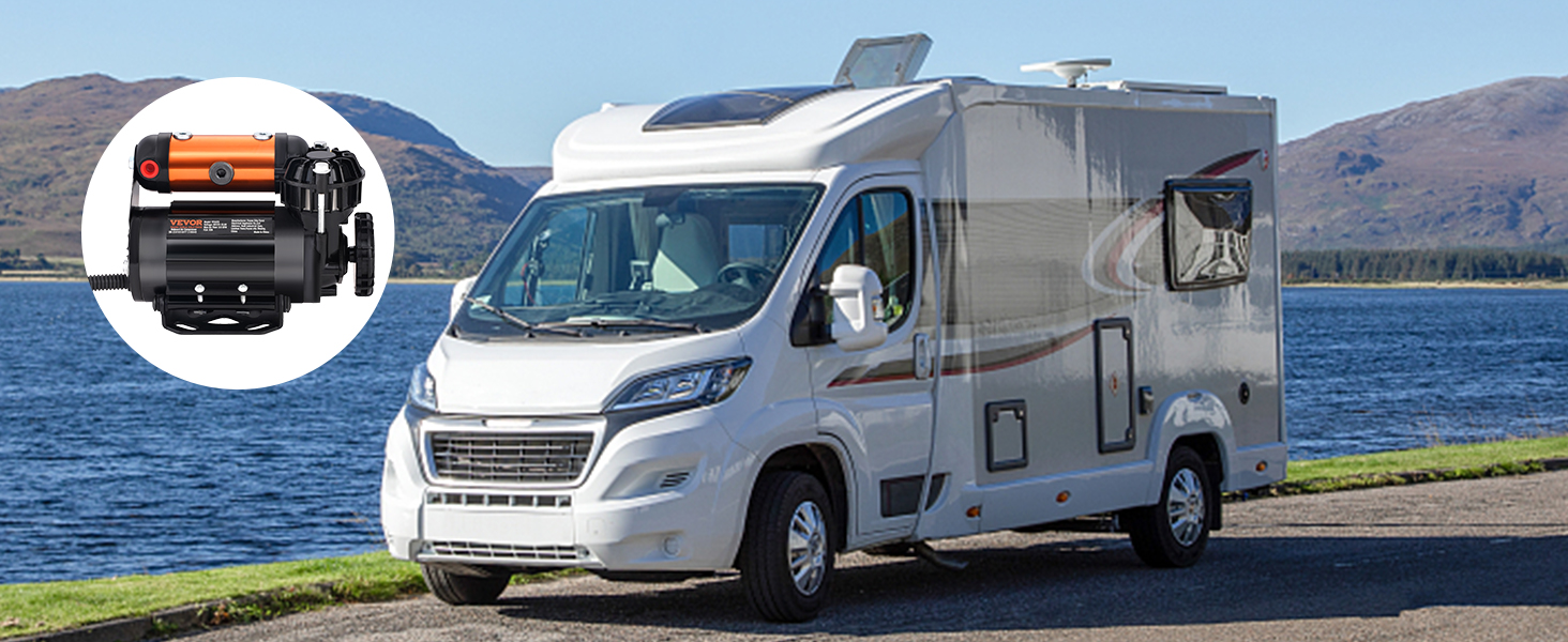 rv parked near a scenic lake with a VEVOR onboard air compressor kit overlay.