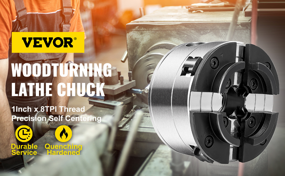 VEVOR wood lathe chuck with 1-inch x 8tpi thread and self-centering feature, durable and hardened.