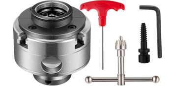 VEVOR wood lathe chuck with accessories including wrench and alignment tools.