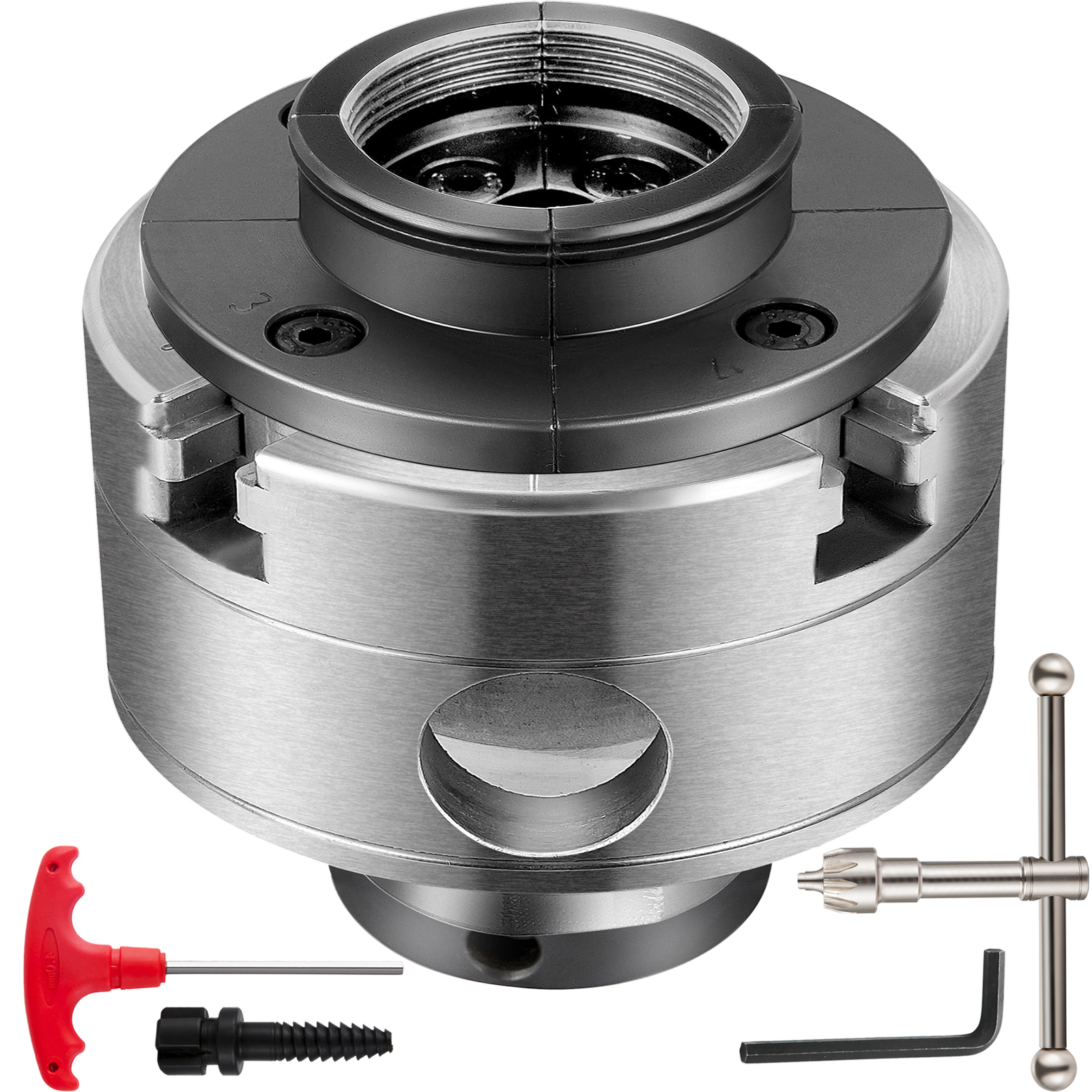 VEVOR wood lathe chuck set with accessories, including hex key and handle.