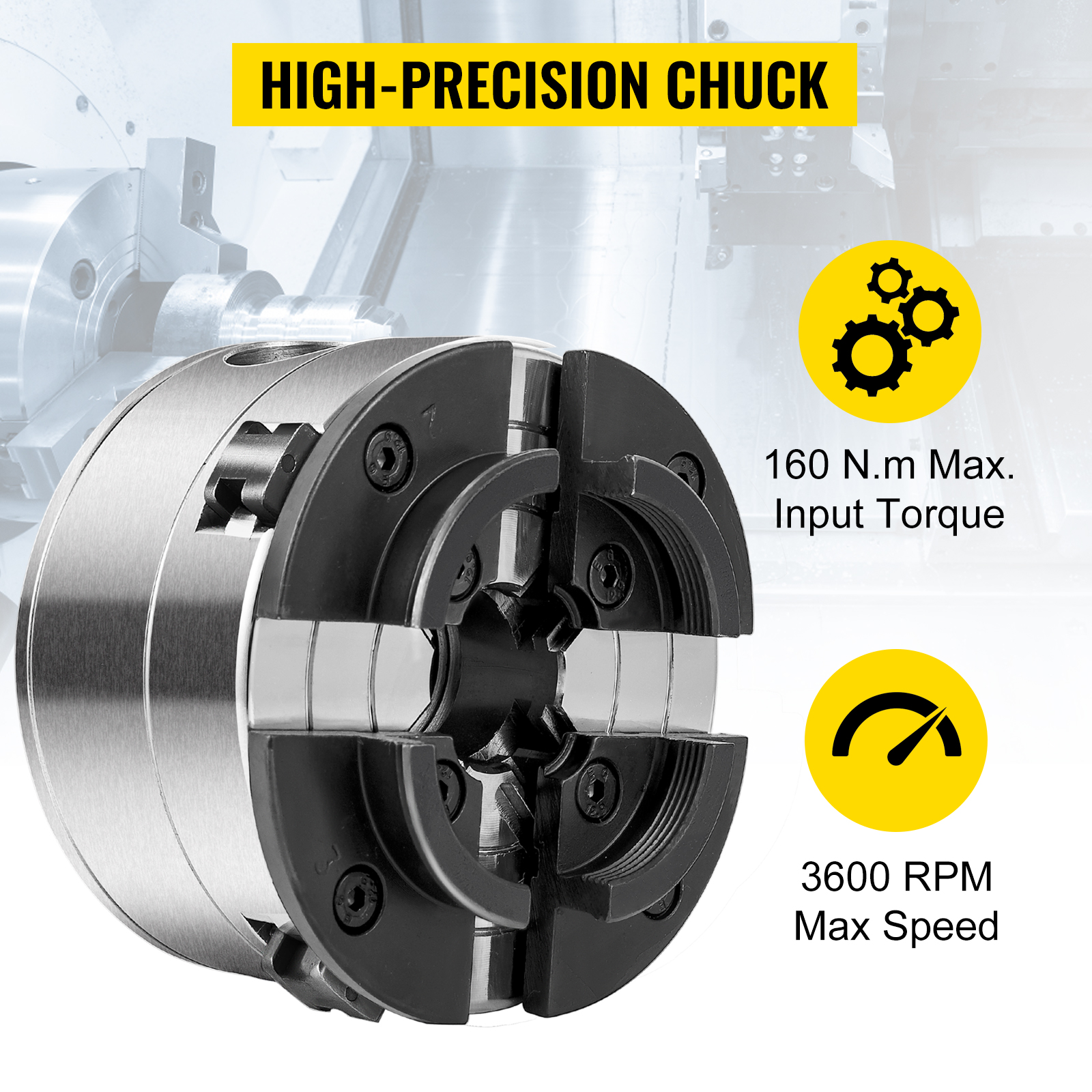 high-precision VEVOR wood lathe chuck, 160 n.m torque, 3600 rpm max speed.