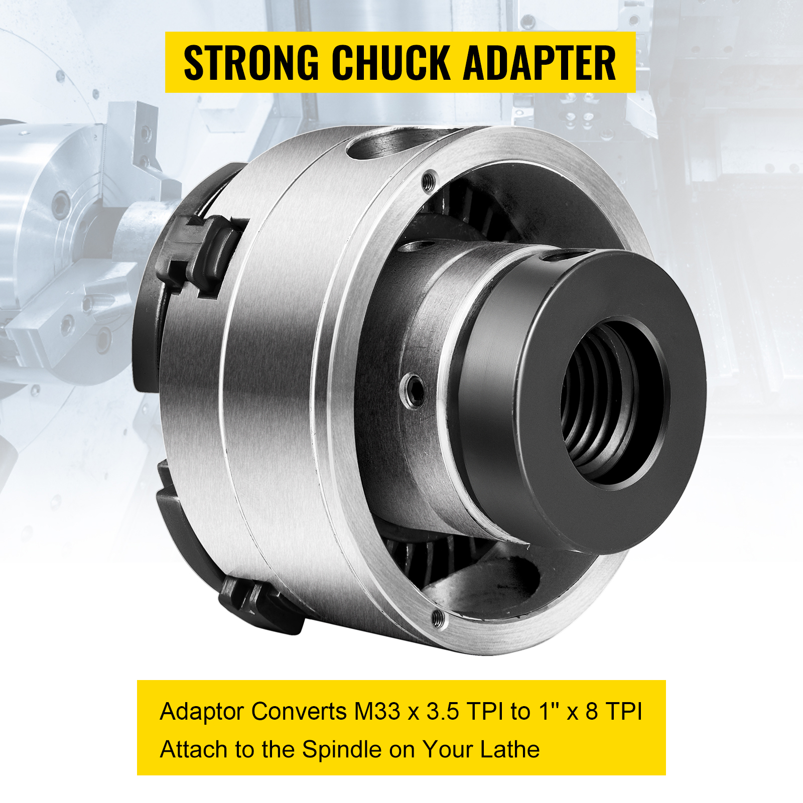 strong chuck adapter for VEVOR wood lathe converts m33 x 3.5 tpi to 1" x 8 tpi.