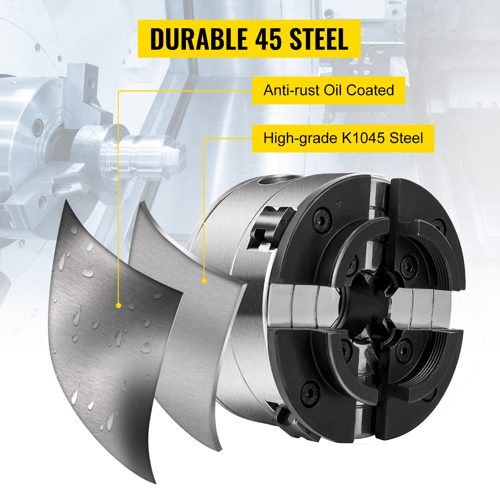 VEVOR wood lathe chuck made of durable, anti-rust, high-grade k1045 steel.