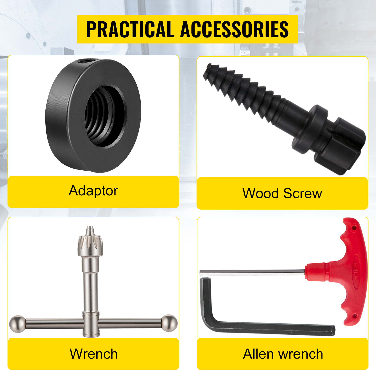 adaptor, wood screw, wrench, and allen wrench for VEVOR wood lathe chuck.
