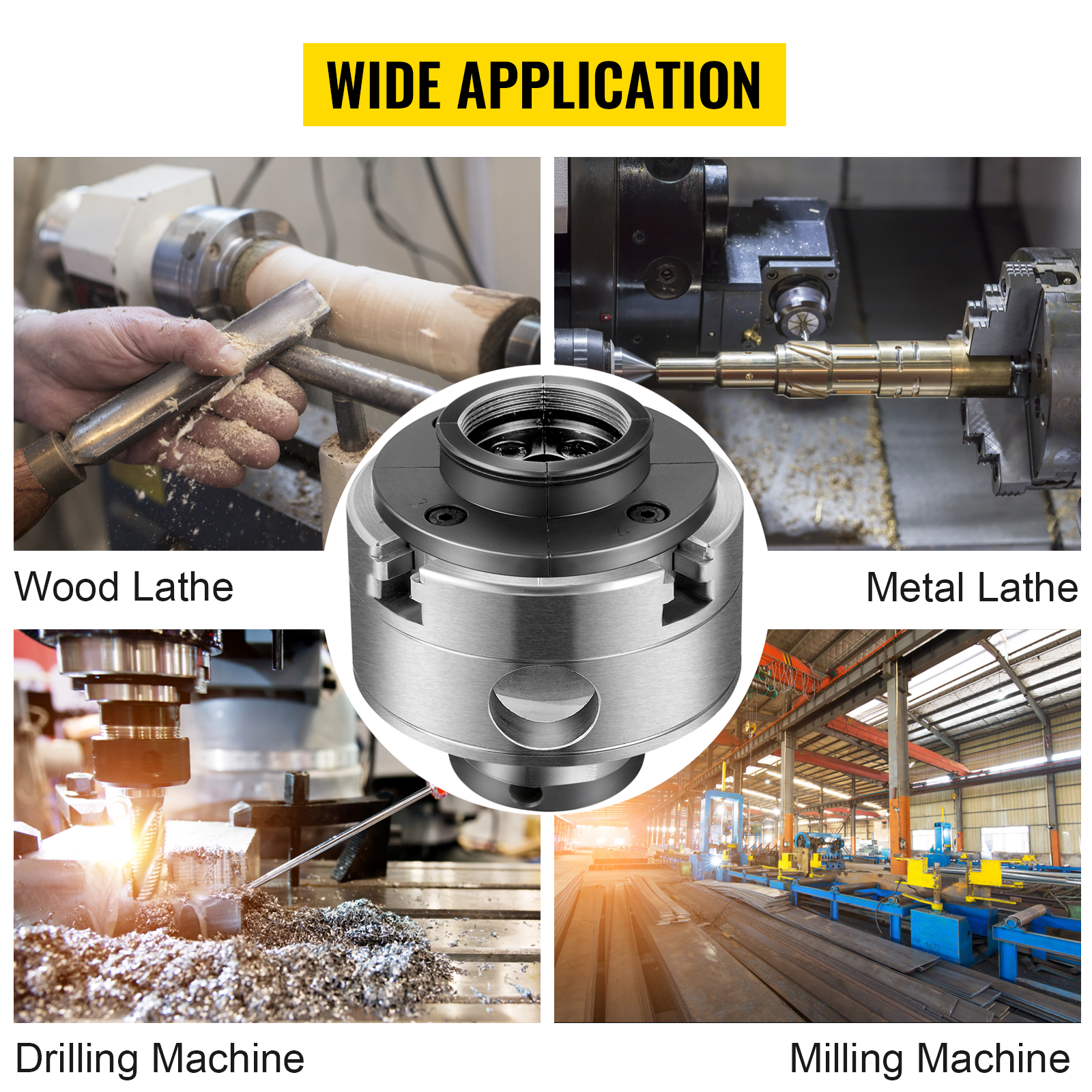 VEVOR wood lathe chuck applications: wood lathe, metal lathe, drilling, milling machine.