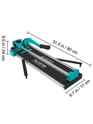VEVOR tile cutter with dimensions: 31.5 x 9.5 x 6.7 inches, black and teal tool.