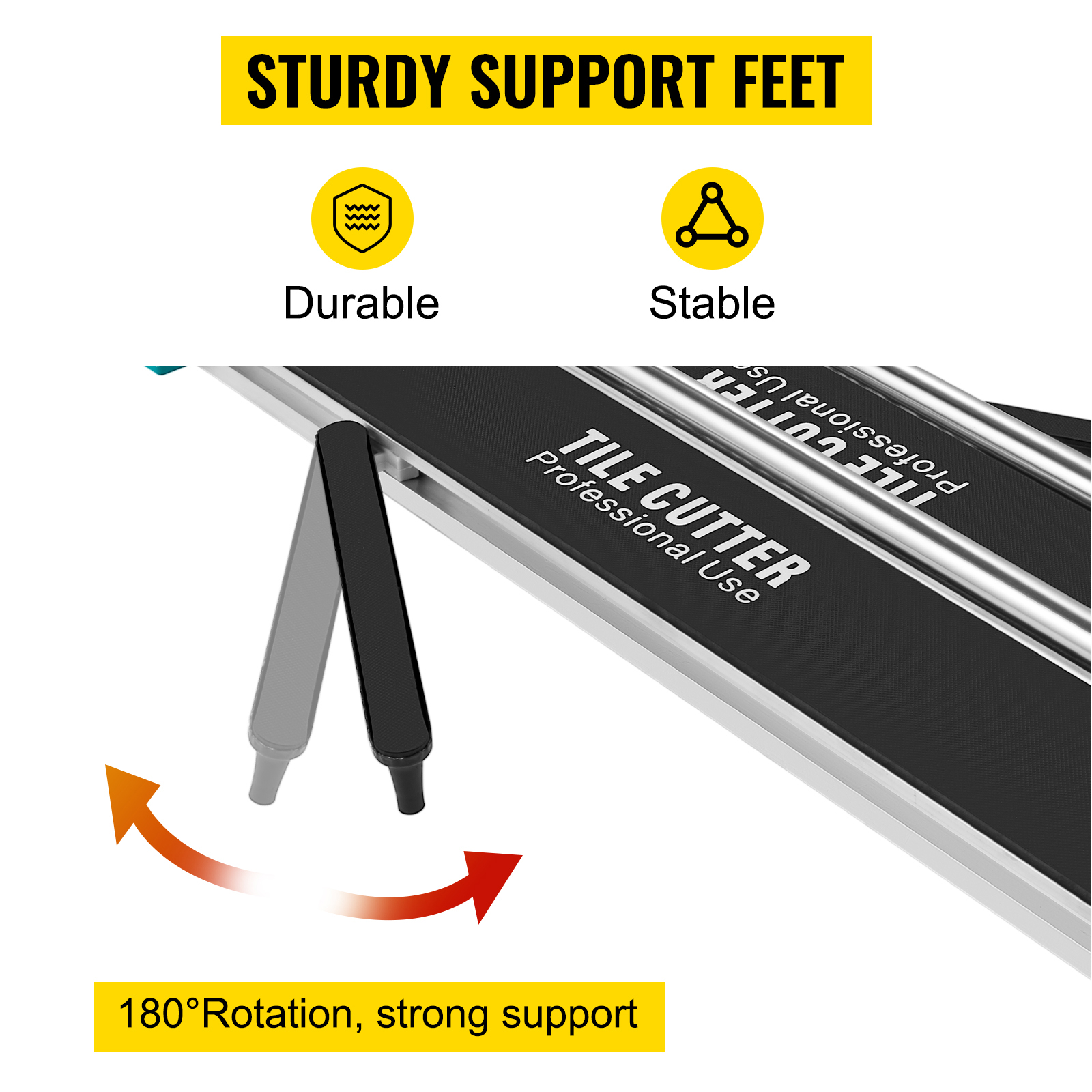 VEVOR tile cutter with 180° rotating sturdy support feet, durable and stable.