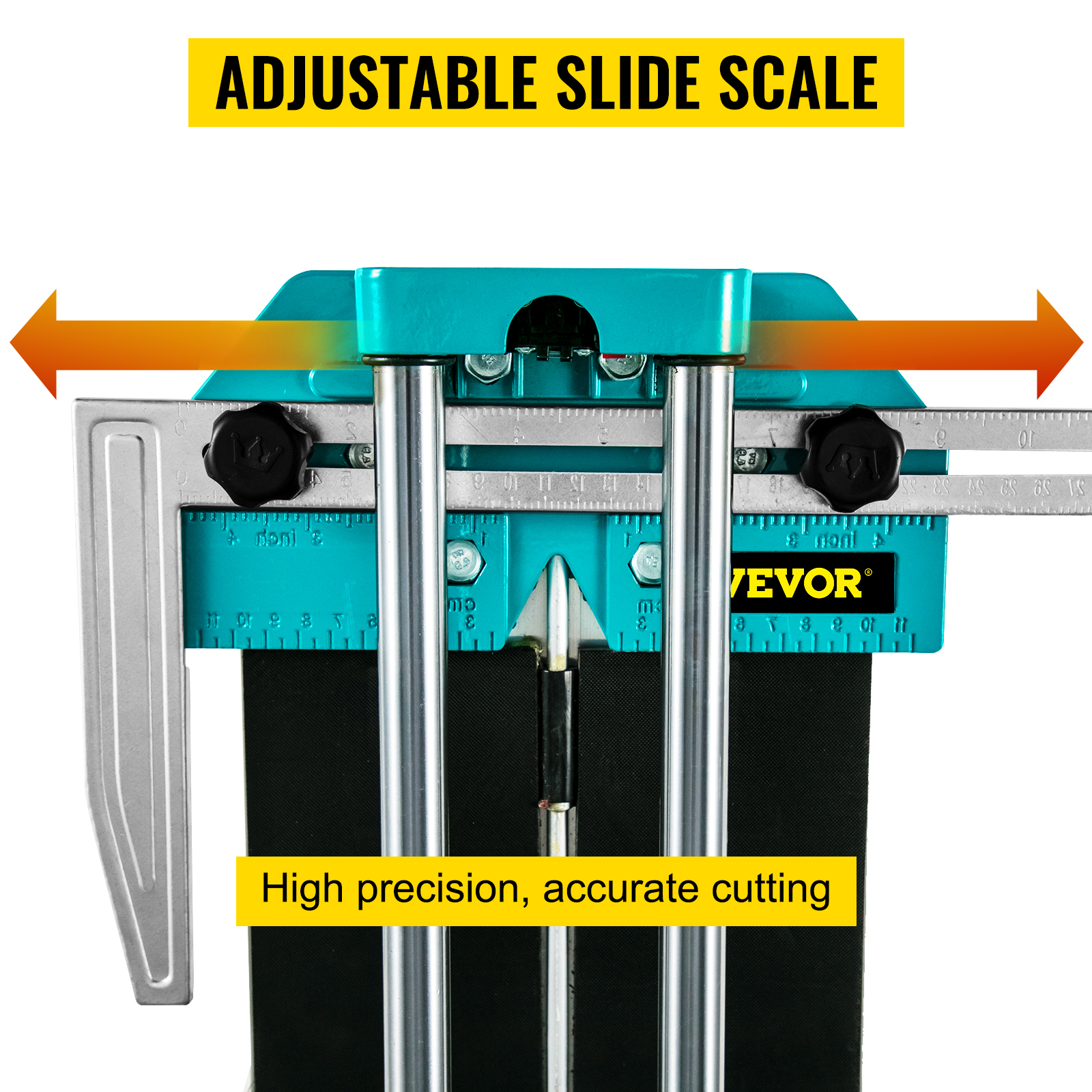 VEVOR tile cutter with adjustable slide scale for high precision, accurate cutting.