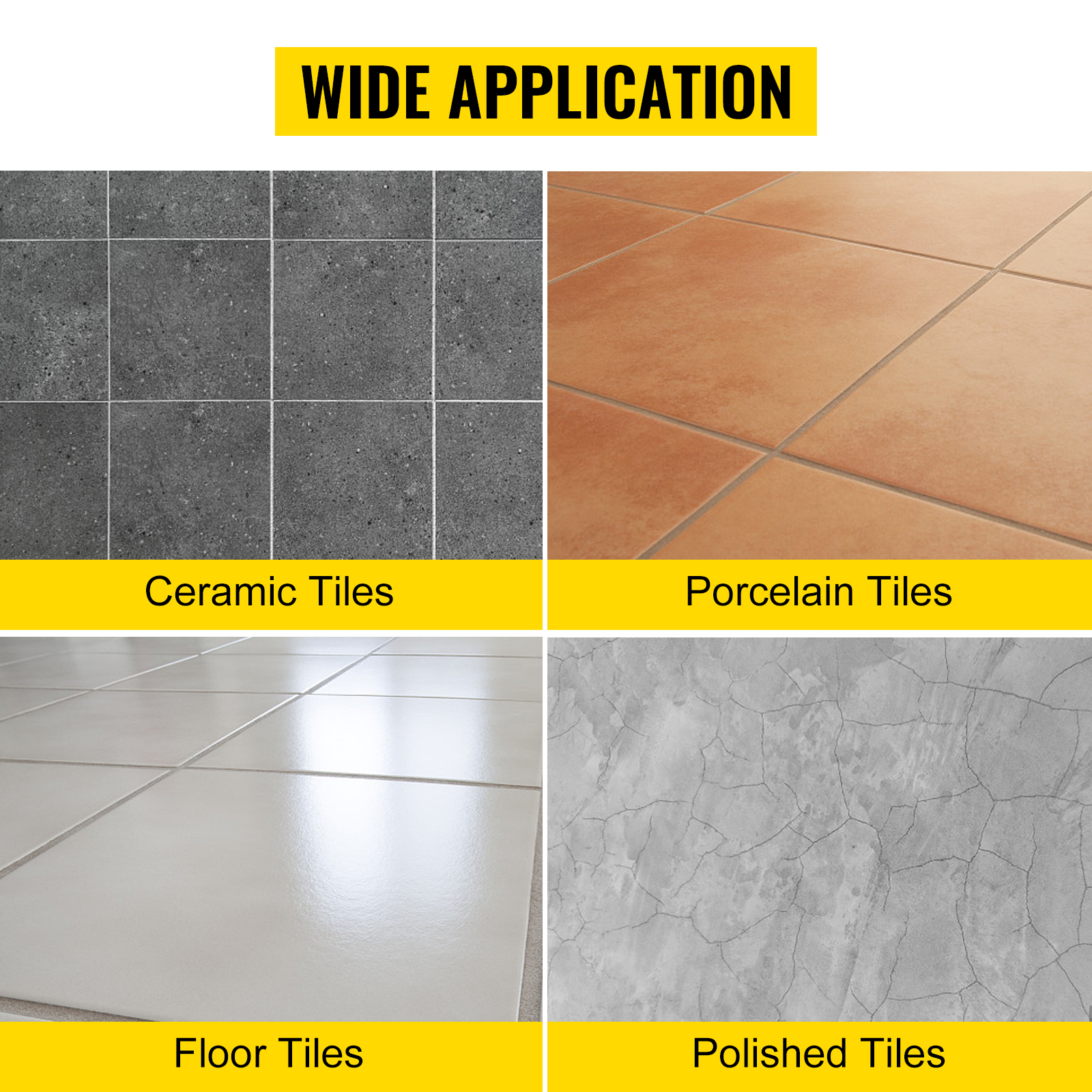 VEVOR tile cutter wide application: ceramic, porcelain, floor, and polished tiles.