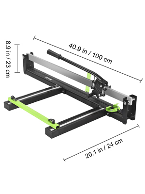 VEVOR tile cutter with dimensions: 40.9 in (100 cm) length, 20.1 in (24 cm) width, 8.9 in (23 cm) height.