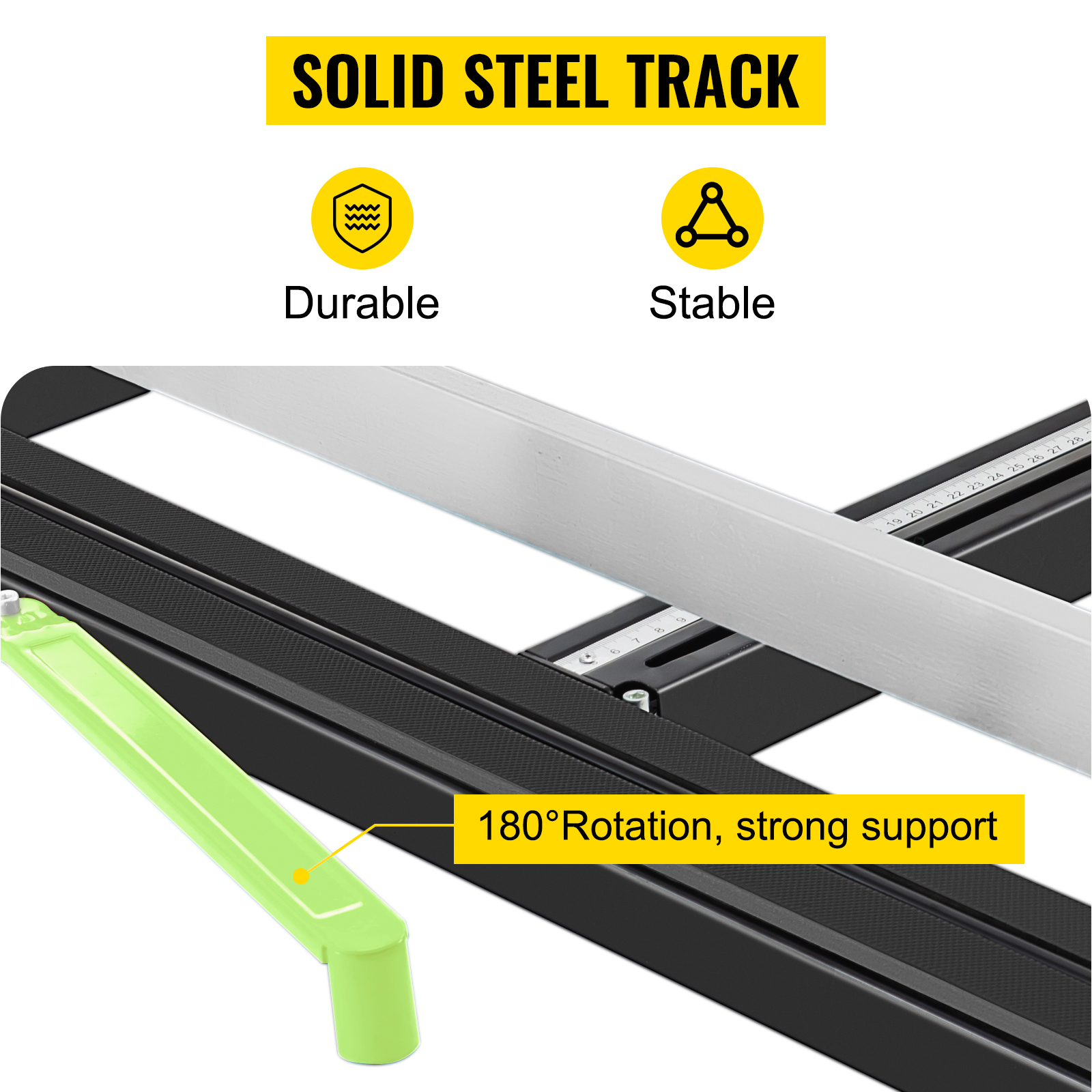 VEVOR tile cutter with solid steel track, durable, stable, and 180° rotation support.