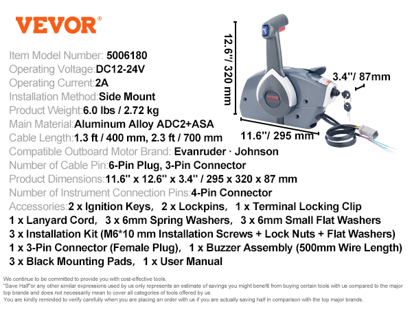 VEVOR boat throttle control with ignition keys, lanyard, 3-pin connector, and installation kit.
