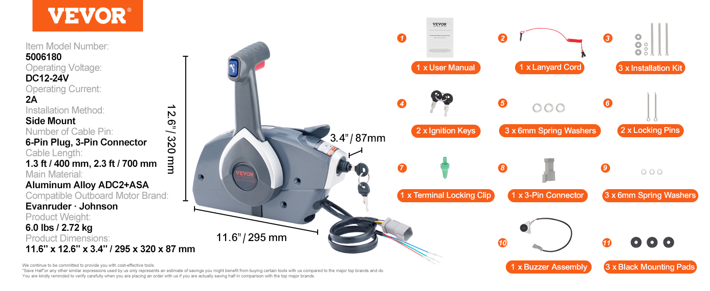 VEVOR boat throttle control with ignition keys, lanyard, 3-pin connector, and installation kit.