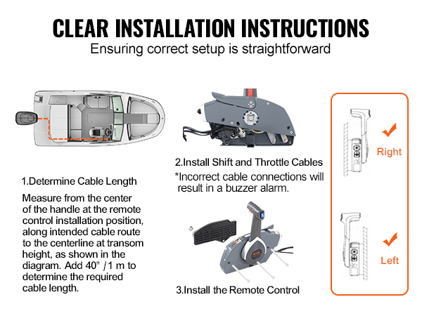 VEVOR boat throttle control installation guide with cable length, cable connections, and control setup steps.