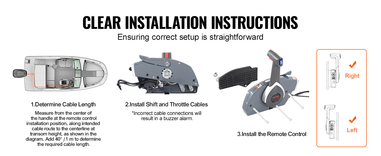 VEVOR boat throttle control installation guide with cable length, cable connections, and control setup steps.