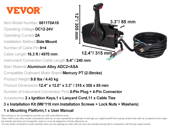VEVOR boat throttle control specifications with accessories: user manual, lanyard, keys, cables, mounting parts.