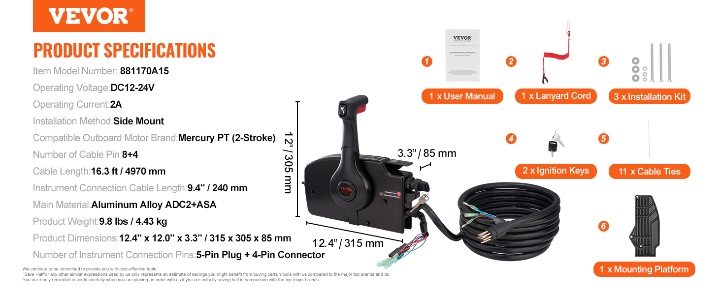 VEVOR boat throttle control specifications with accessories: user manual, lanyard, keys, cables, mounting parts.