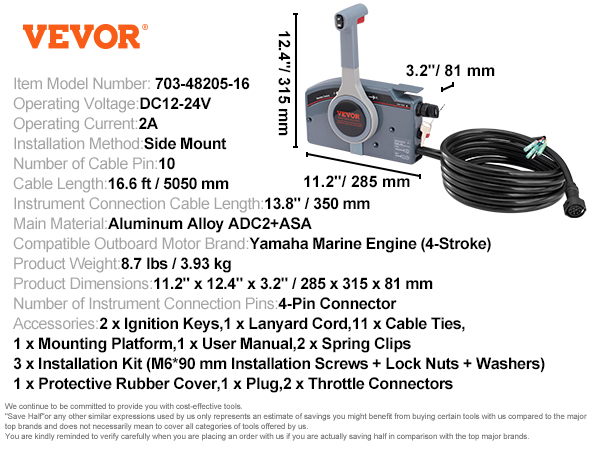 VEVOR boat throttle control with accessories, installation kit, and specifications including cable length.