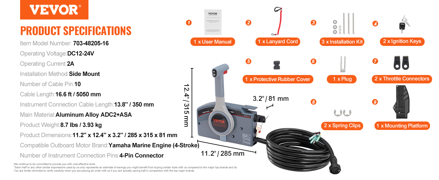 VEVOR boat throttle control with accessories, installation kit, and specifications including cable length.