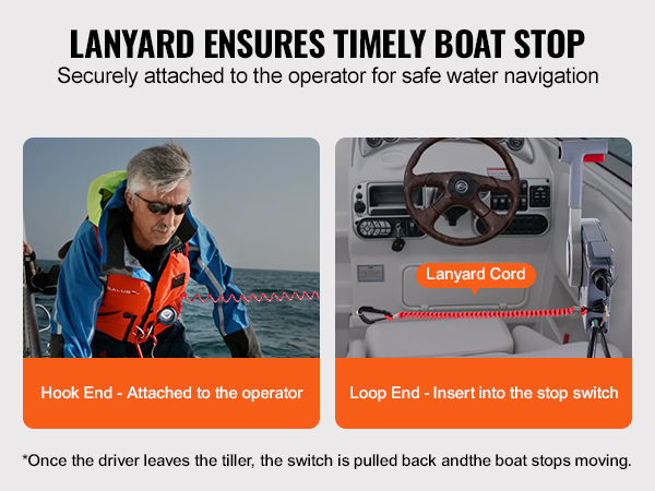 lanyard ensures boat stop, securely attached to VEVOR boat throttle control for safe navigation.