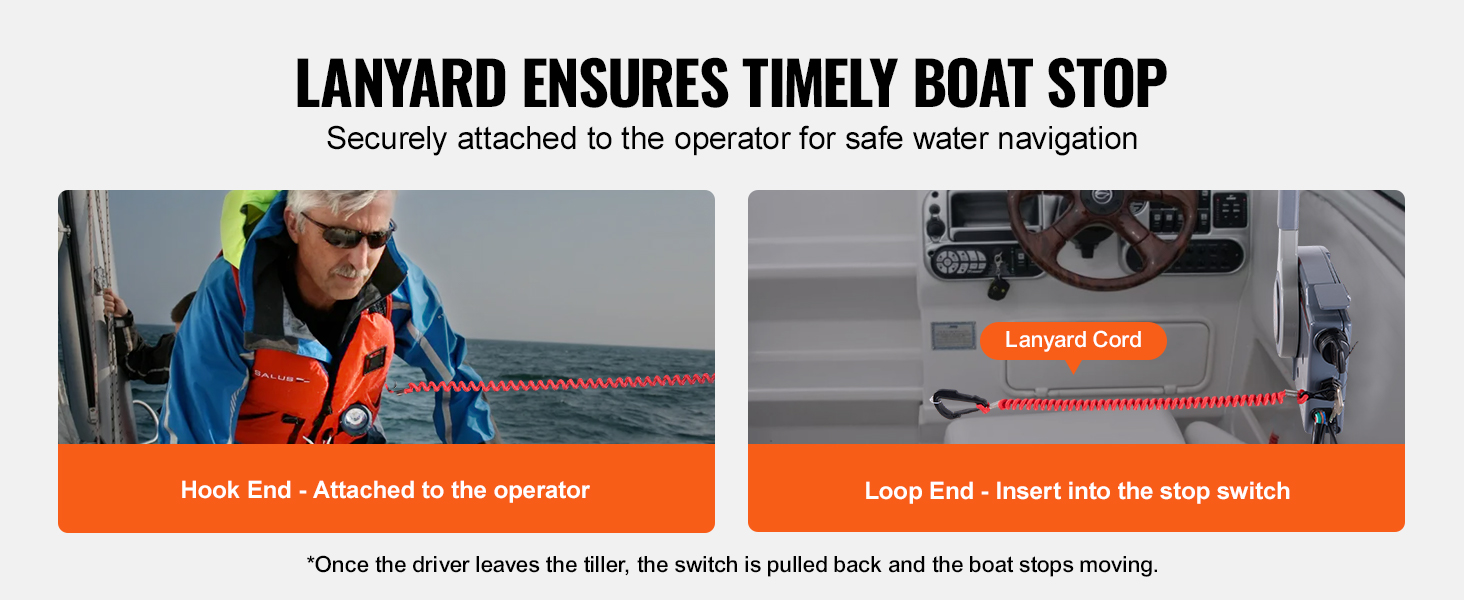 lanyard ensures boat stop, securely attached to VEVOR boat throttle control for safe navigation.
