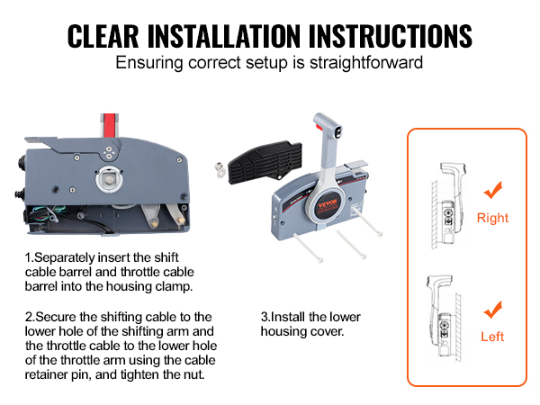 clear installation instructions for VEVOR boat throttle control with step-by-step visual guide.