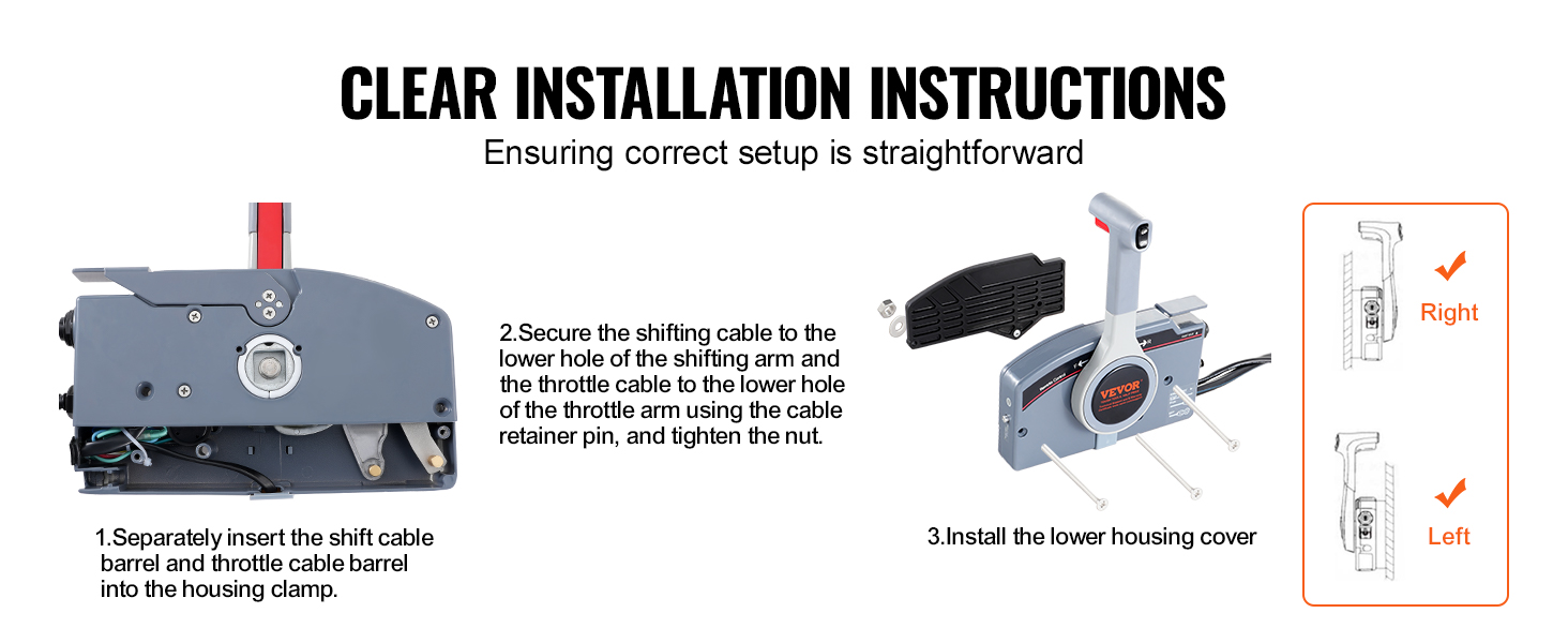 clear installation instructions for VEVOR boat throttle control with step-by-step visual guide.