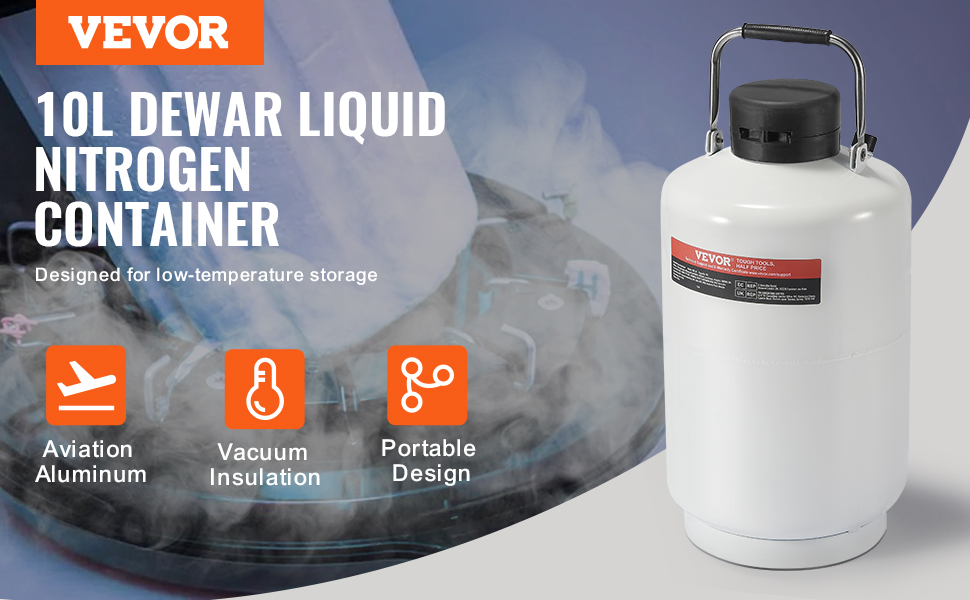 VEVOR liquid nitrogen tank with 10l capacity, aviation aluminum, vacuum insulation, and portable design