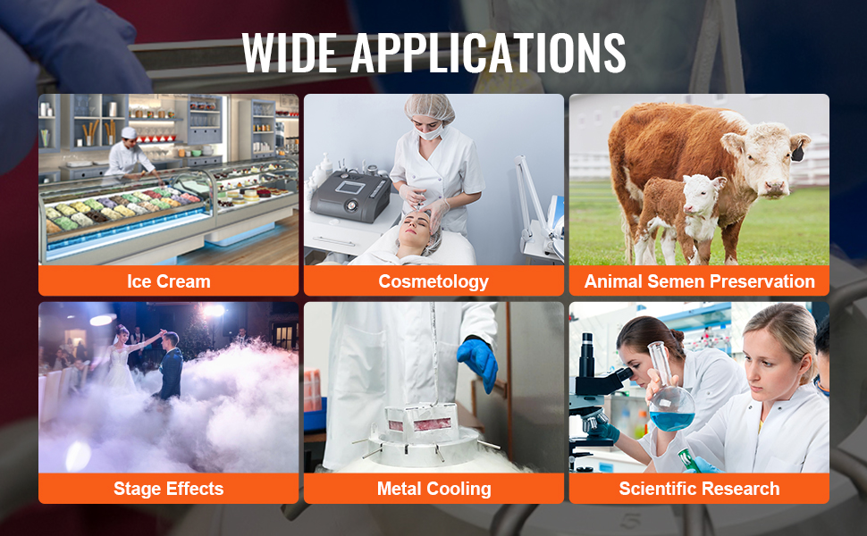 wide applications of VEVOR liquid nitrogen tank in ice cream, cosmetology, animal semen preservation
