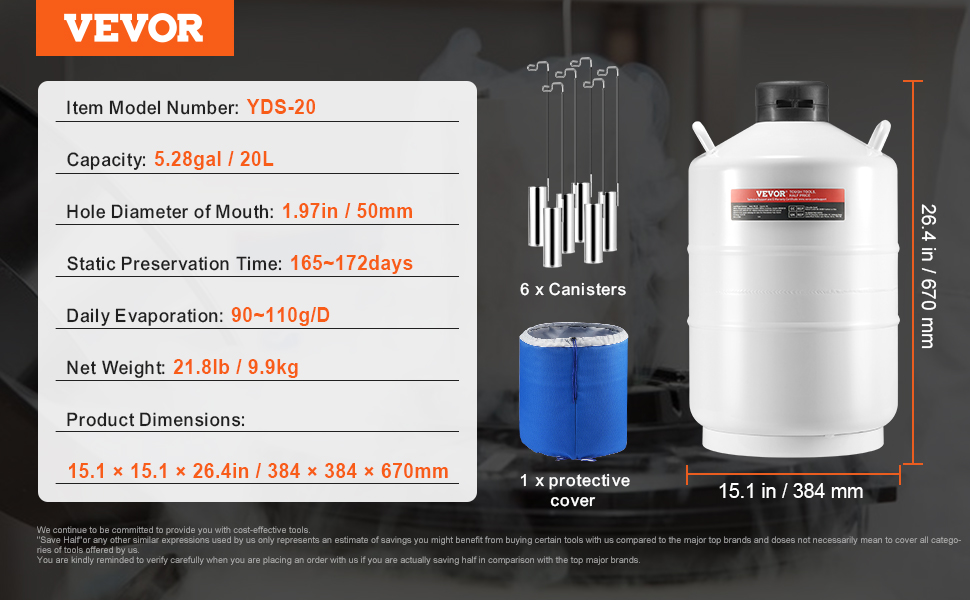 VEVOR liquid nitrogen tank yds-20, 5.28gal/20l, 6 canisters, 165-172 days preservation, 26.4in height.