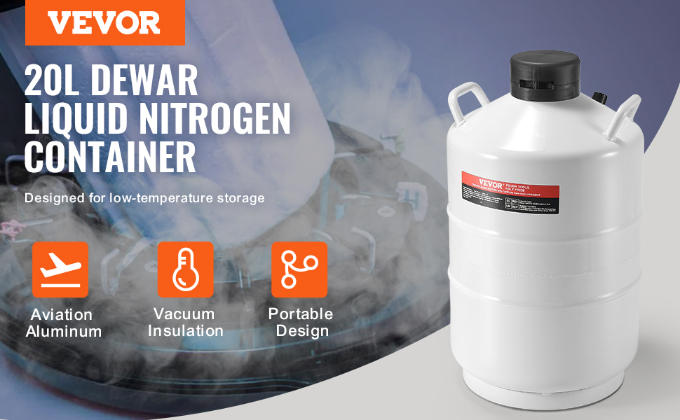 VEVOR liquid nitrogen tank 20l dewar, aviation aluminum, vacuum insulation, portable design.
