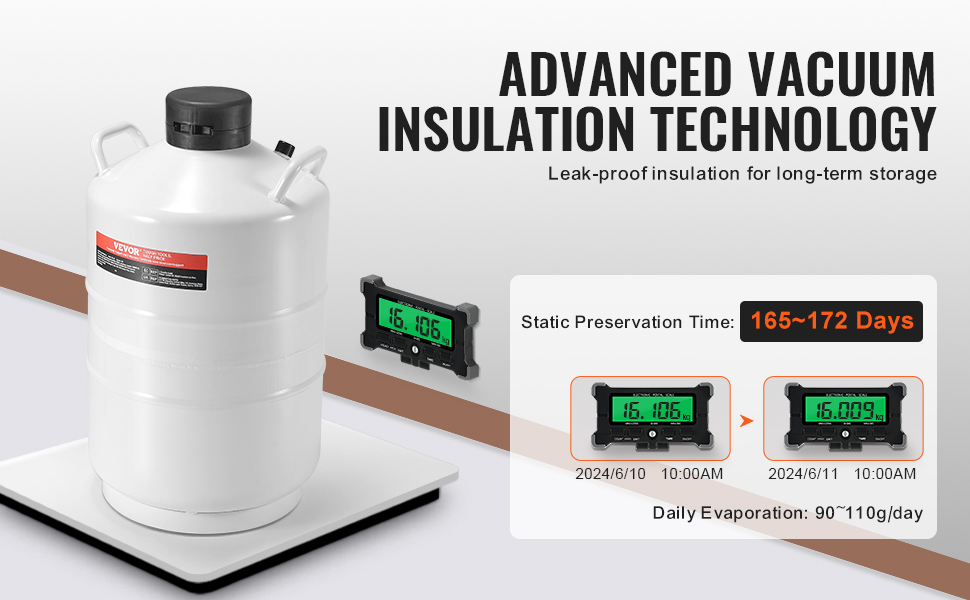 VEVOR liquid nitrogen tank with advanced vacuum insulation technology and static preservation display.