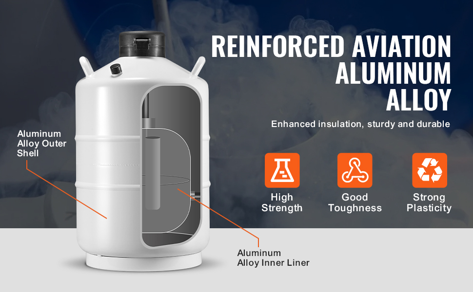 VEVOR liquid nitrogen tank with reinforced aviation aluminum alloy, high strength, and good toughness.