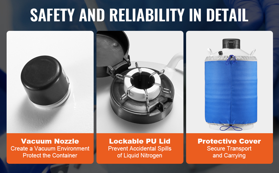 VEVOR liquid nitrogen tank with vacuum nozzle, lockable pu lid, and protective cover for safety.