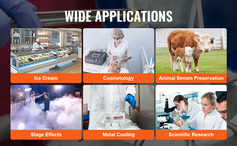 wide applications of VEVOR liquid nitrogen tank in ice cream, cosmetology, stage effects, and research.