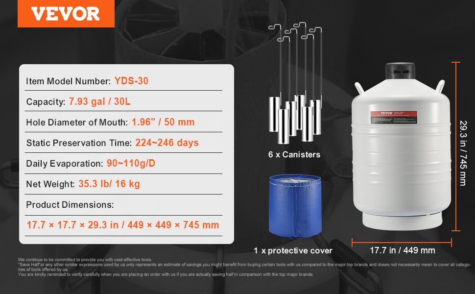 VEVOR liquid nitrogen tank yds-30 with 30l capacity, 6 canisters, 1 protective cover, and key dimensions.