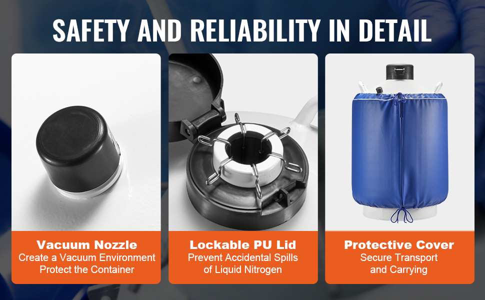 VEVOR liquid nitrogen tank safety features: vacuum nozzle, lockable pu lid, protective cover.