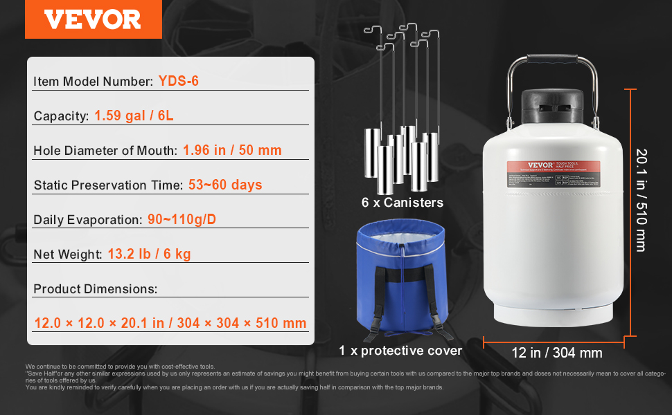 VEVOR liquid nitrogen tank yds-6, 6l capacity, with 6 canisters and a protective cover, dimensions: 12x12x20.1 in.
