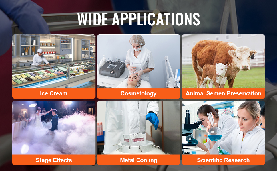 wide applications of VEVOR liquid nitrogen tank: ice cream, cosmetology, animal semen preservation.