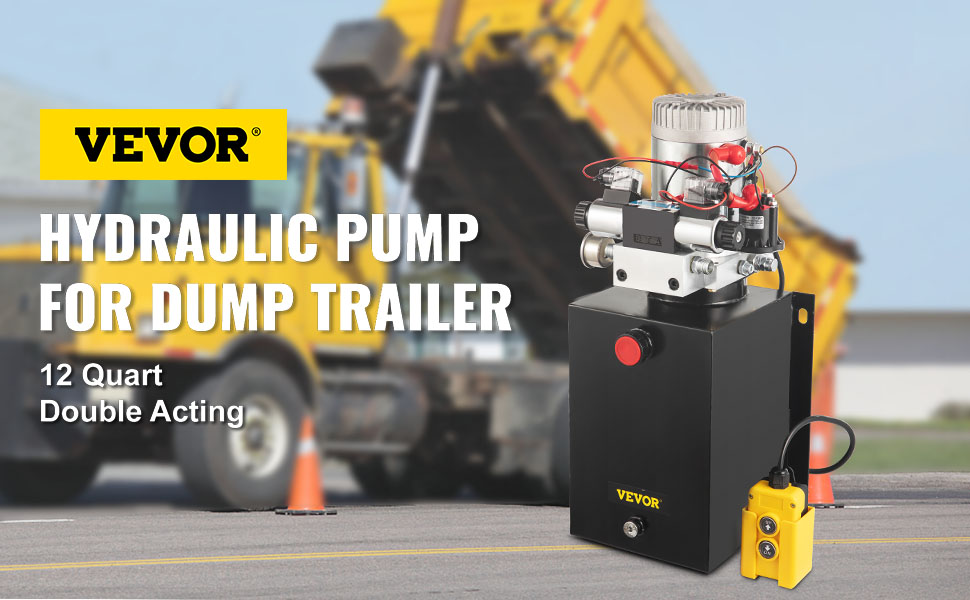 VEVOR hydraulic power unit for dump trailer, 12 quart double acting, in front of truck.