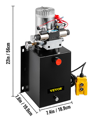 VEVOR hydraulic power unit with dimensions, black housing, and control switch.