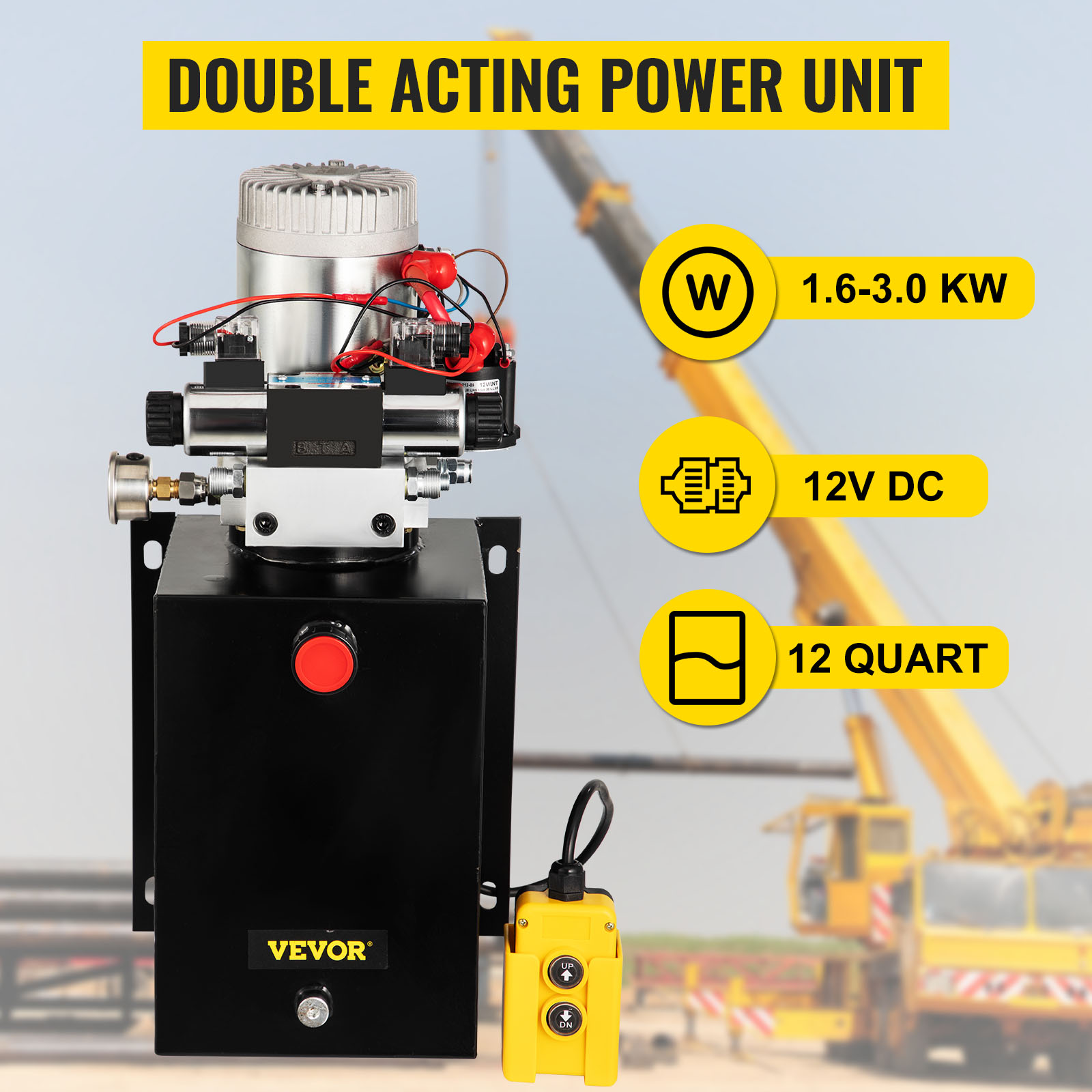 VEVOR hydraulic power unit with 1.6-3.0 kw, 12v dc motor, and 12-quart capacity.